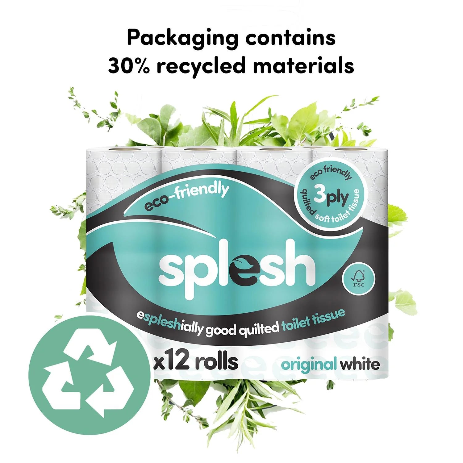 Splesh Toilet Roll Soft & Quilted 3-Ply Original White Toilet Tissue, 12 Rolls