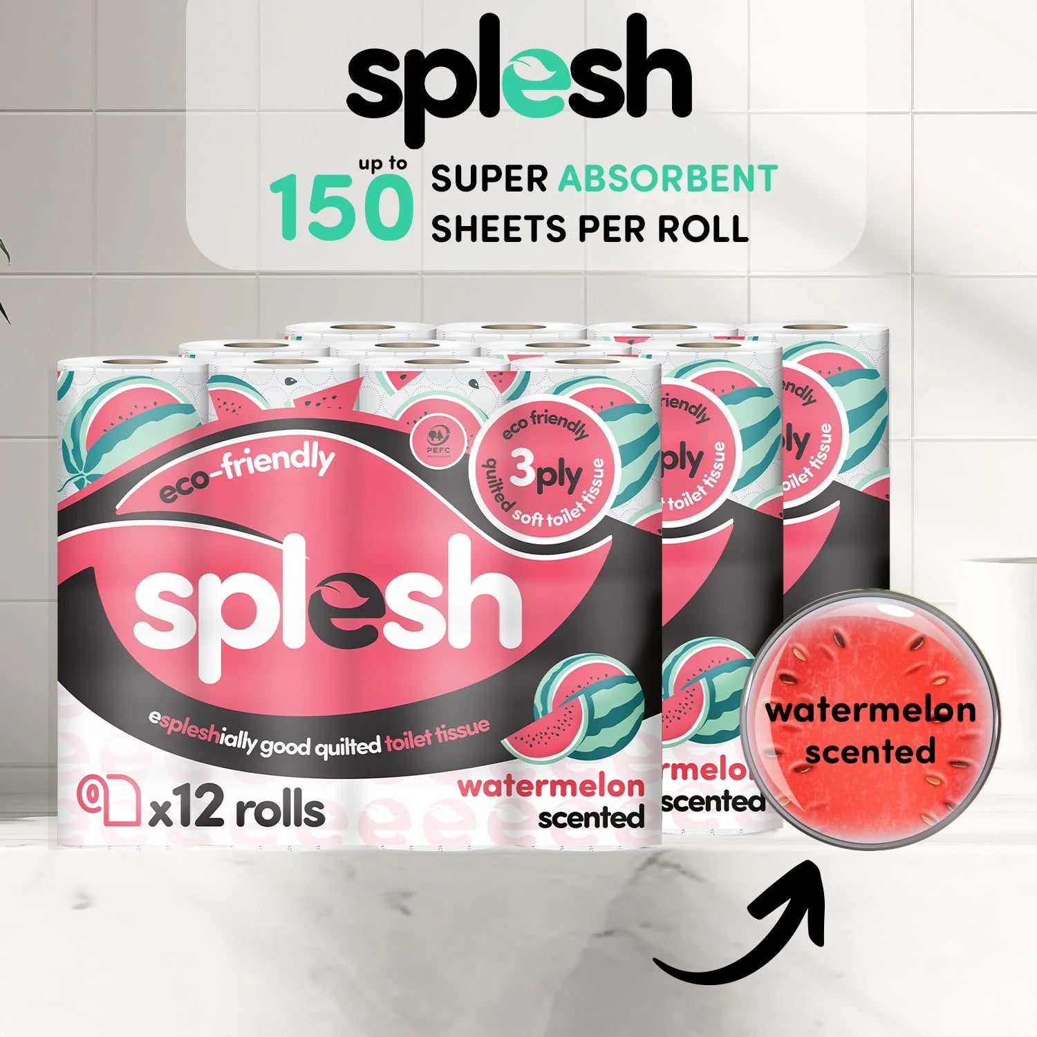 Splesh Quilted Toilet Roll Luxury Watermelon 3-Ply Soft Toilet Paper, 12 Rolls