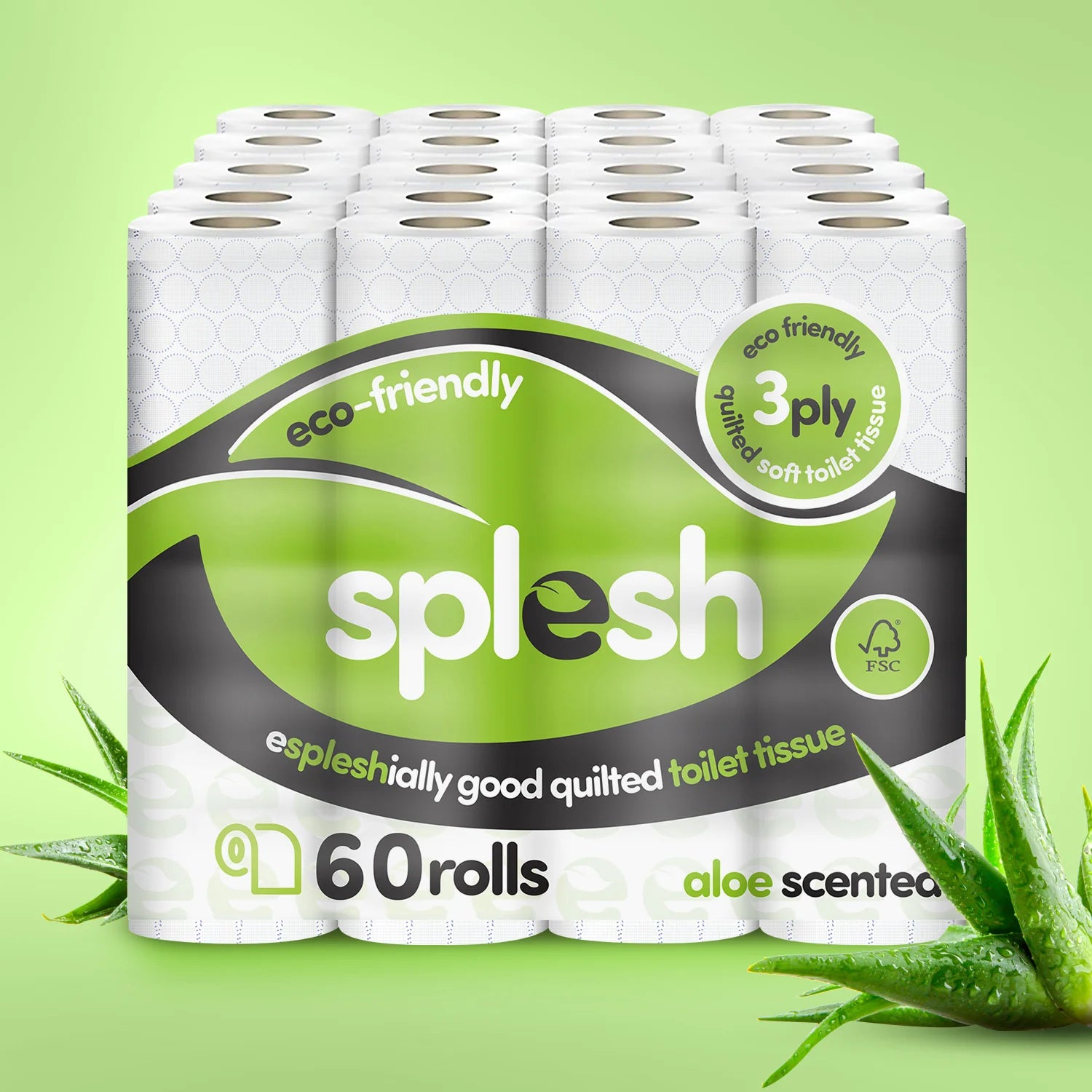 Splesh Toilet Roll Eco-Friendly, Soft & Quilted, Aloe Vera, 60 Rolls