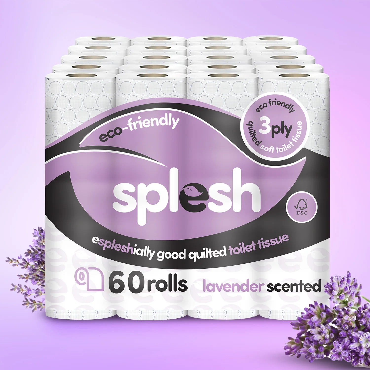 Splesh Toilet Roll Soft & Quilted 3-Ply Lavender Scented Toilet Tissue, 60 Rolls