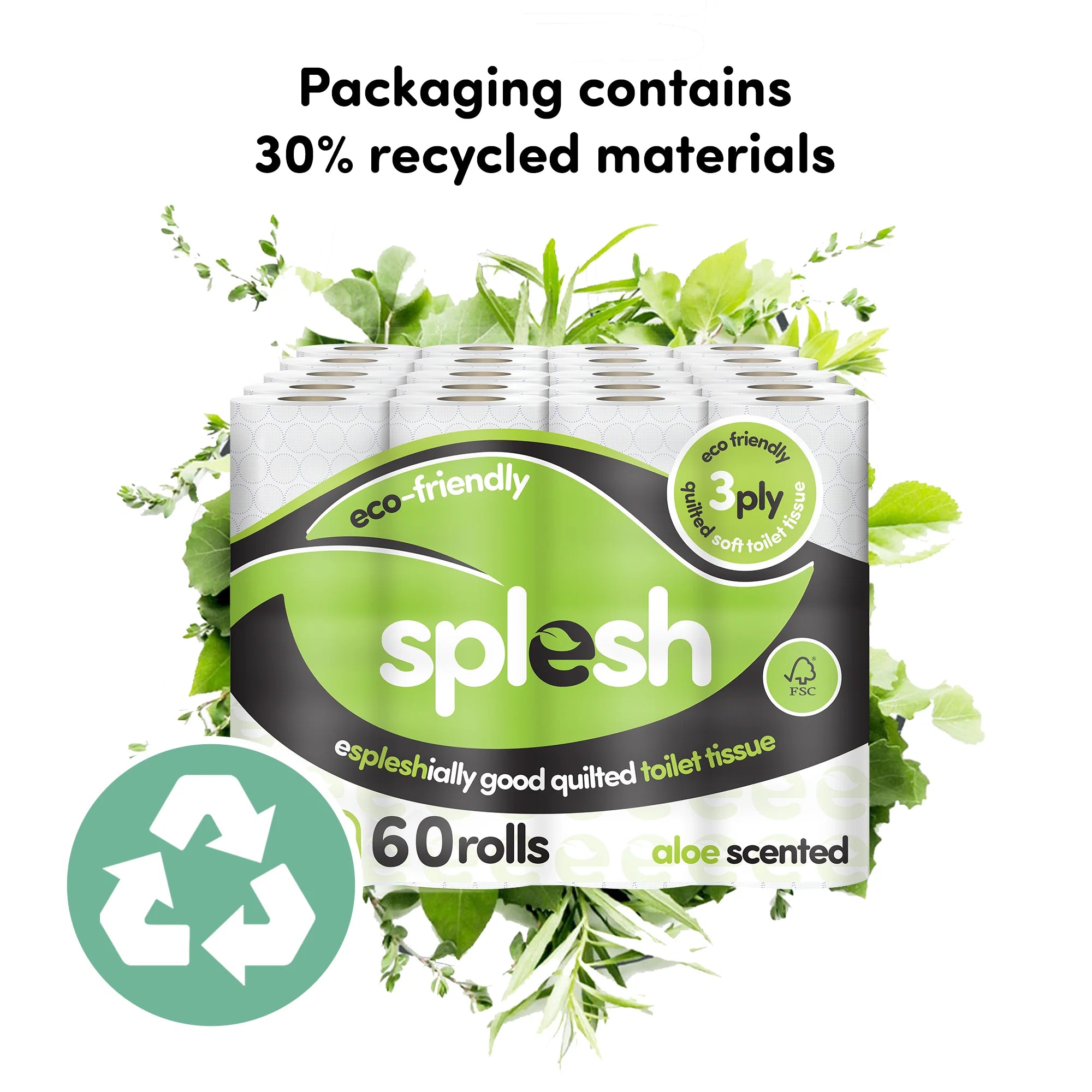 Splesh Toilet Roll Eco-Friendly, Soft & Quilted, Aloe Vera, 60 Rolls