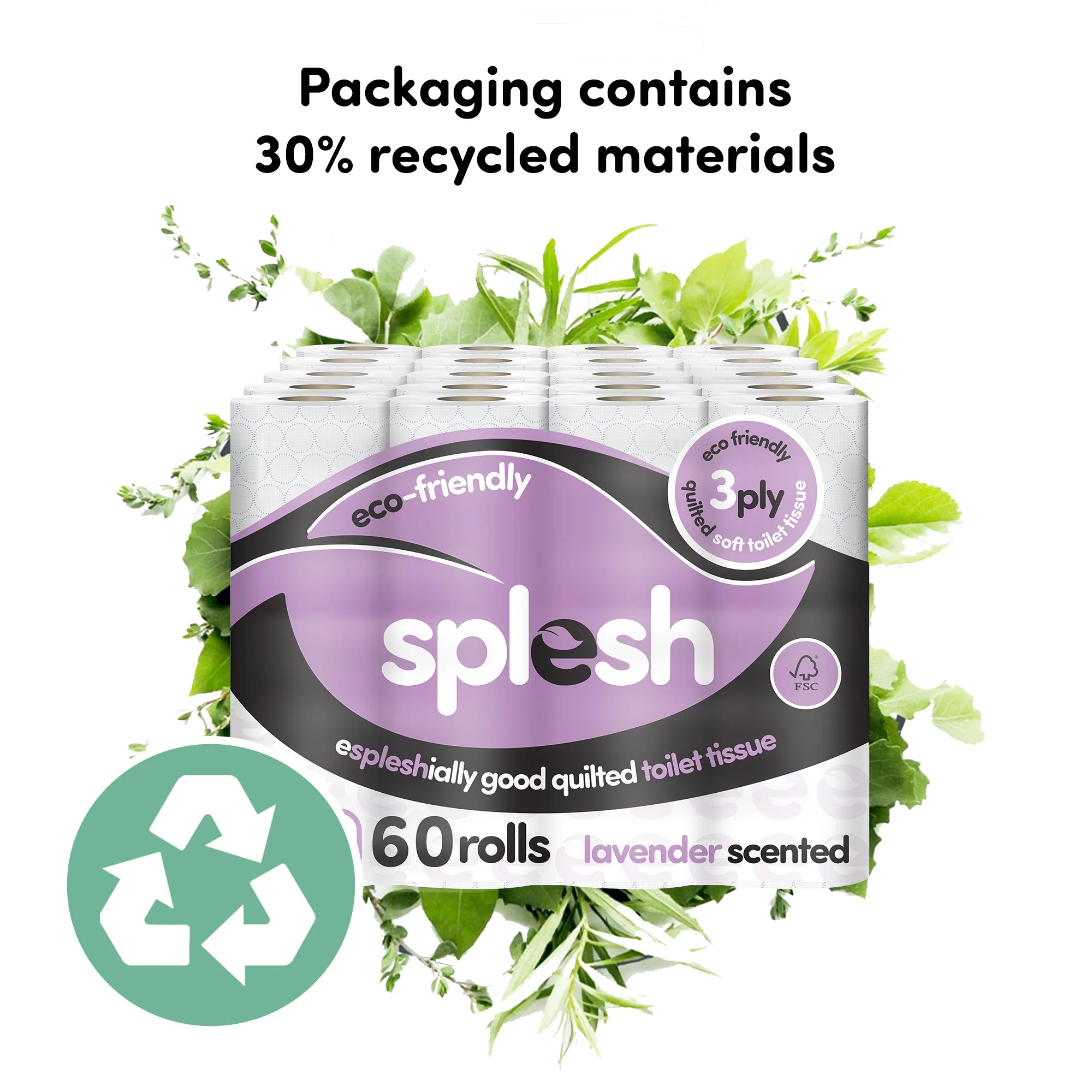 Splesh Toilet Roll Soft & Quilted 3-Ply Lavender Scented Toilet Tissue, 60 Rolls